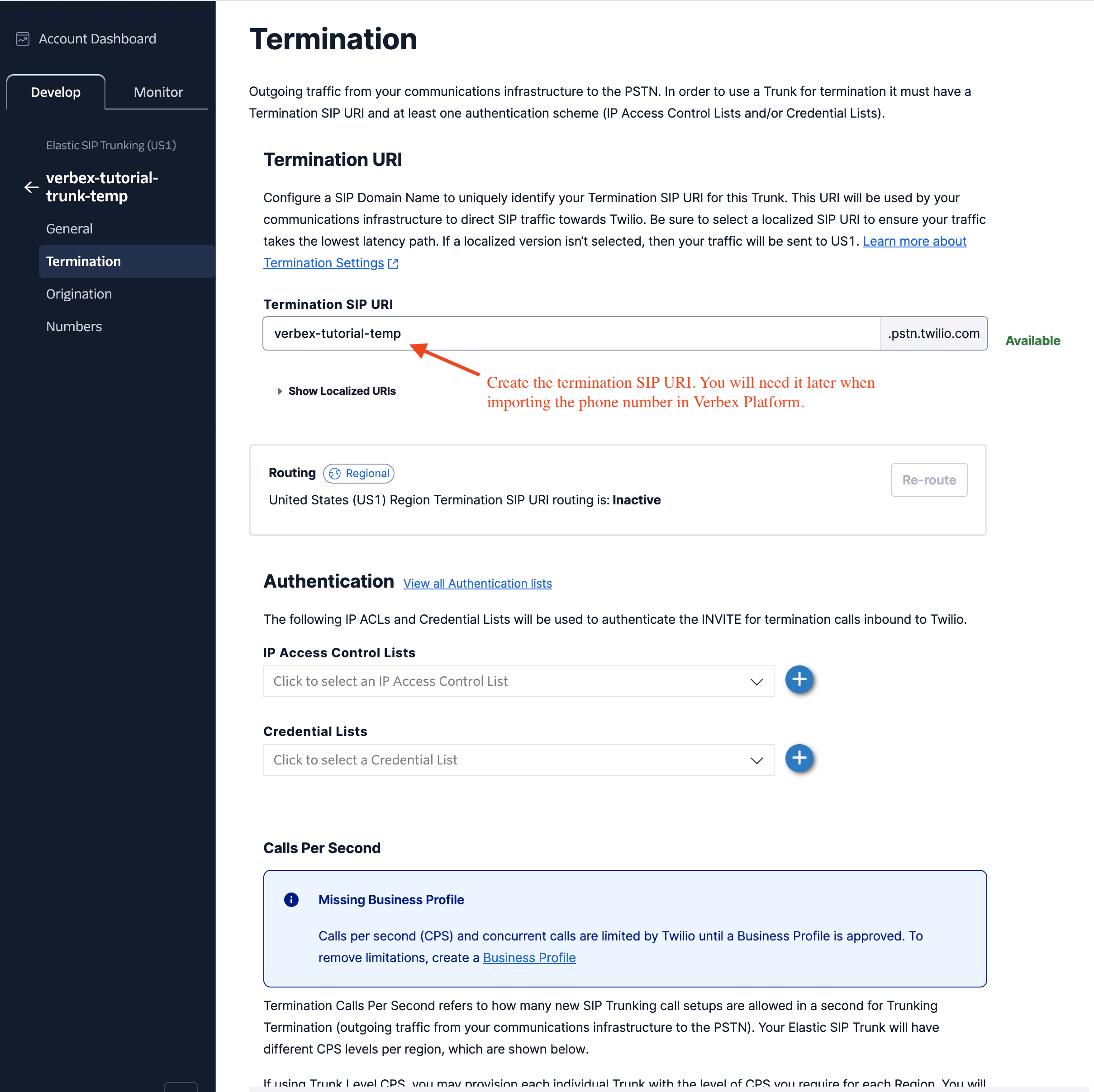 Twilio Termination settings page showing termination URI configuration and authentication options