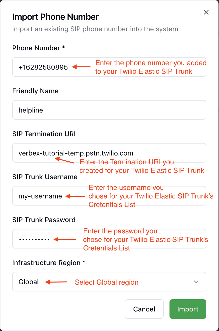 Import Phone Number modal showing fields for phone number, friendly name, SIP termination URI, username, password, and region selection