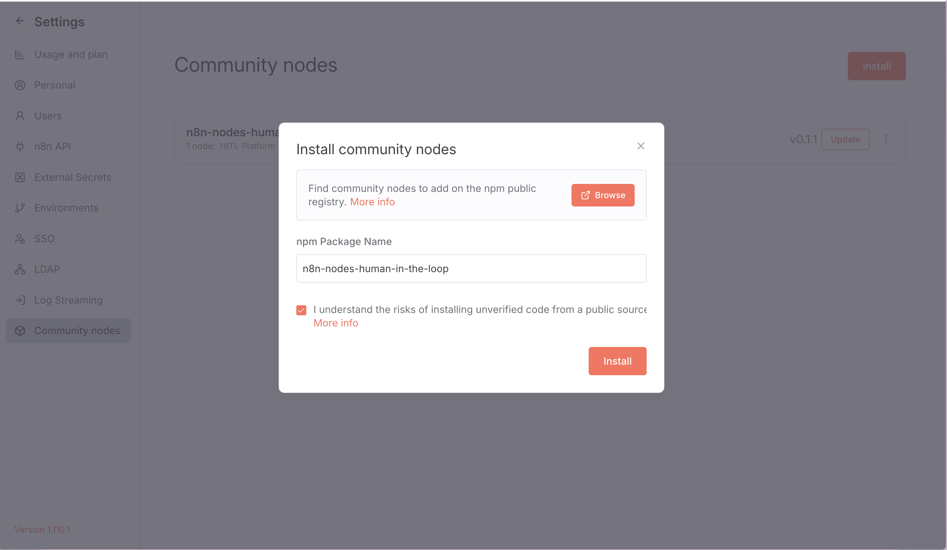 Installing HITL.sh community node in n8n
