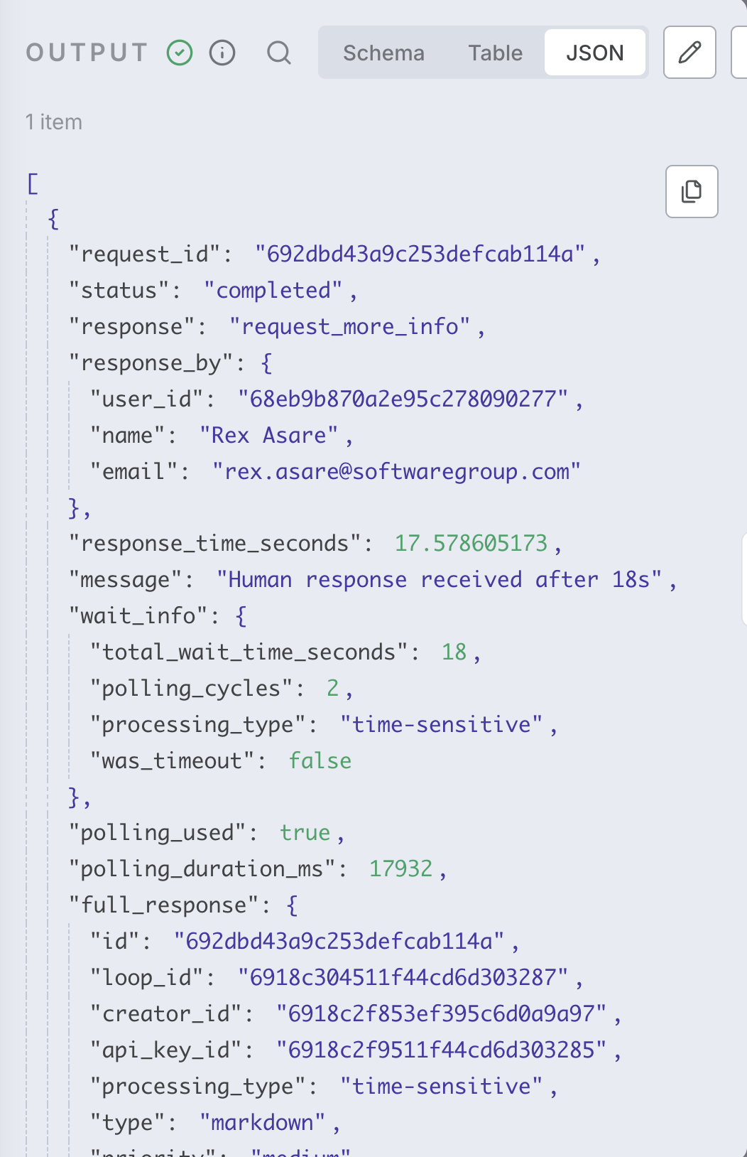 Complete response data structure from HITL.sh in n8n