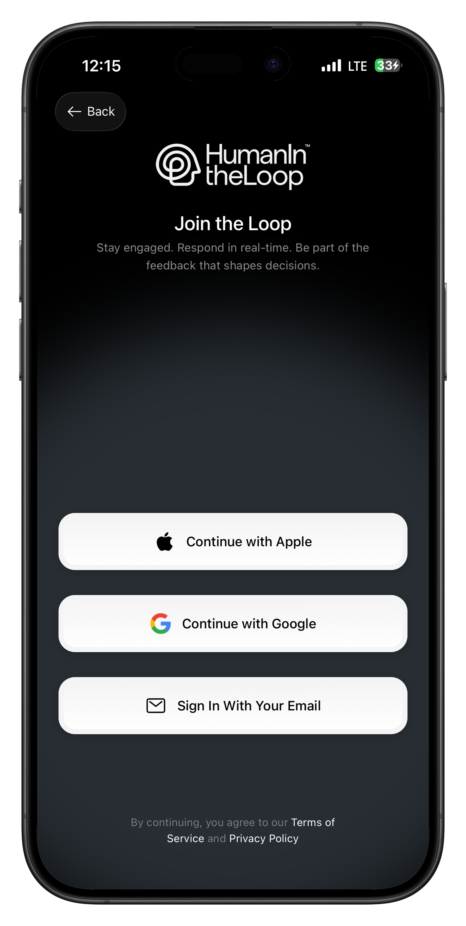 HITL mobile app get started screen with authentication options