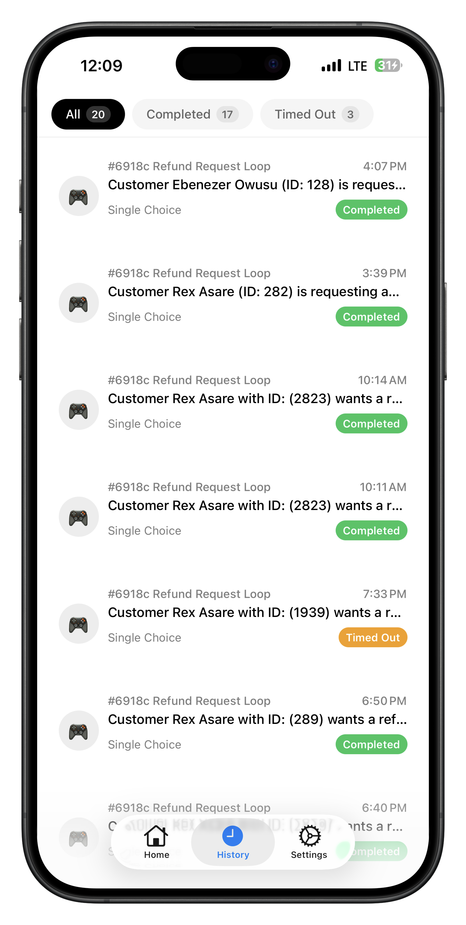 Mobile app showing request history with completed, pending, and timed out requests