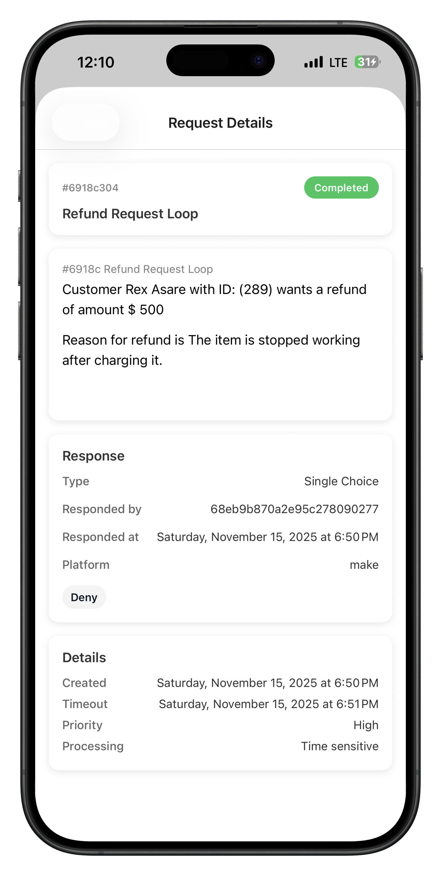 Mobile app showing request details with context and response options