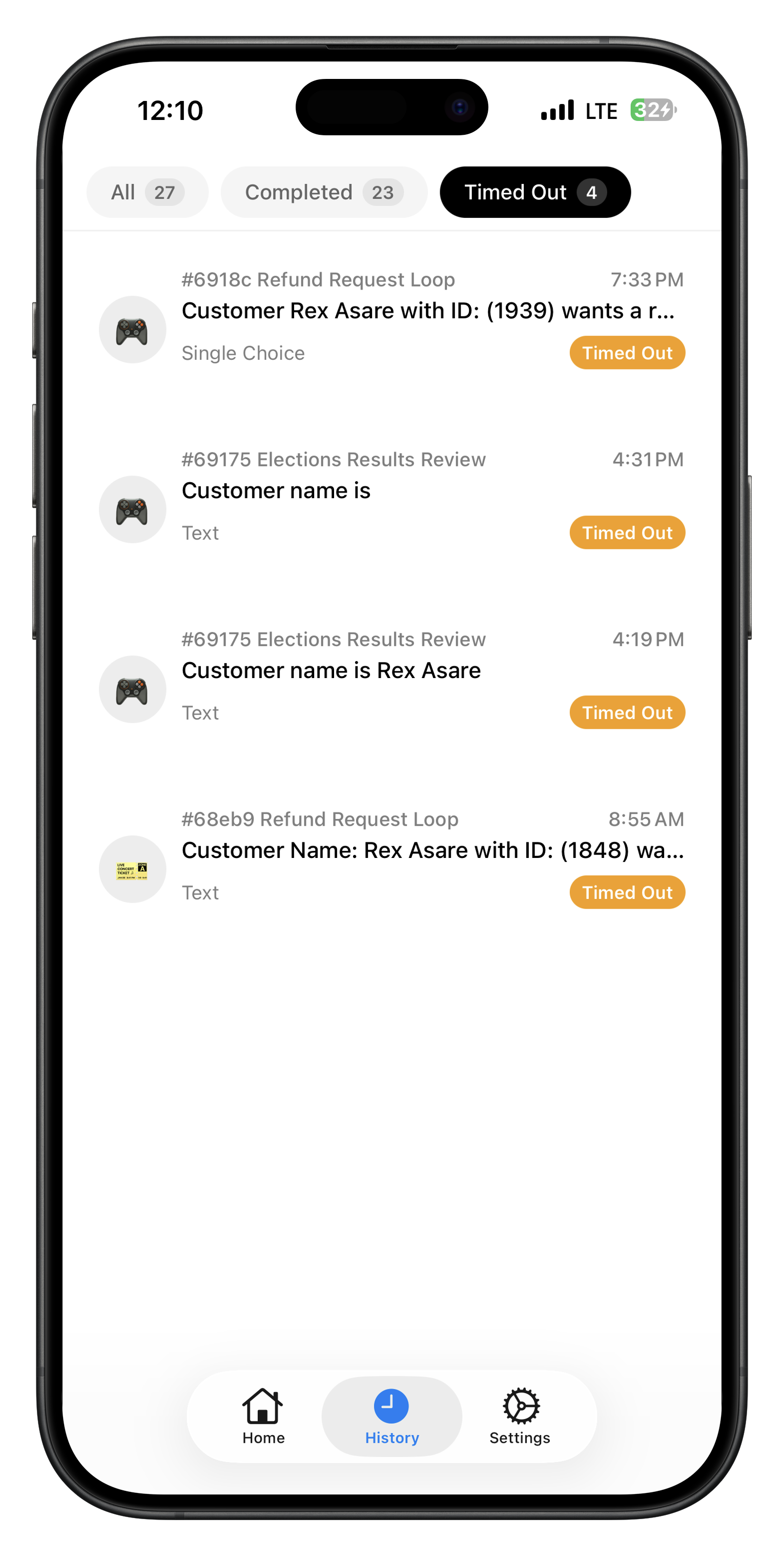 Mobile app history screen showing timed out requests