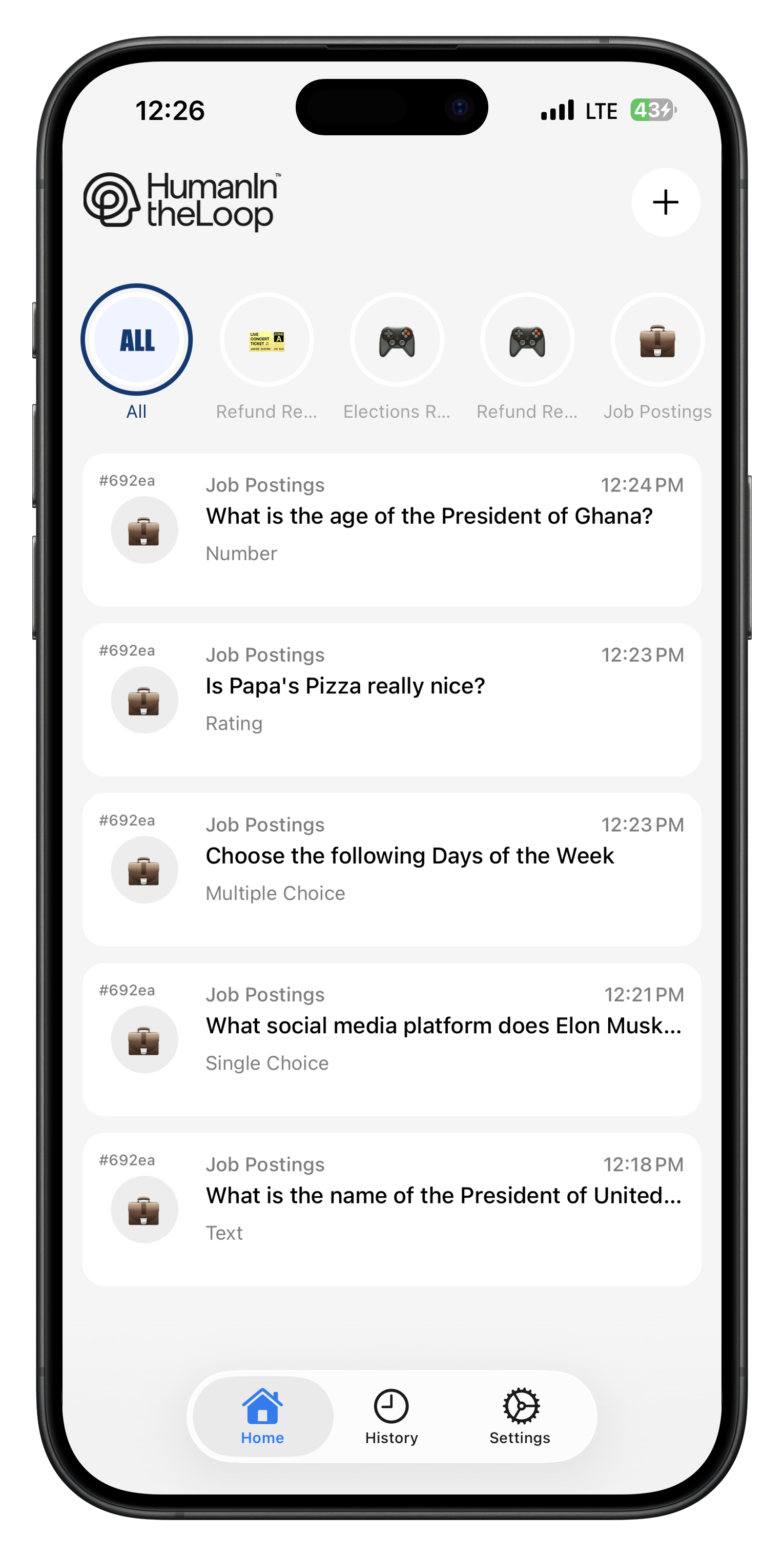 HITL mobile app home screen with active requests and loops