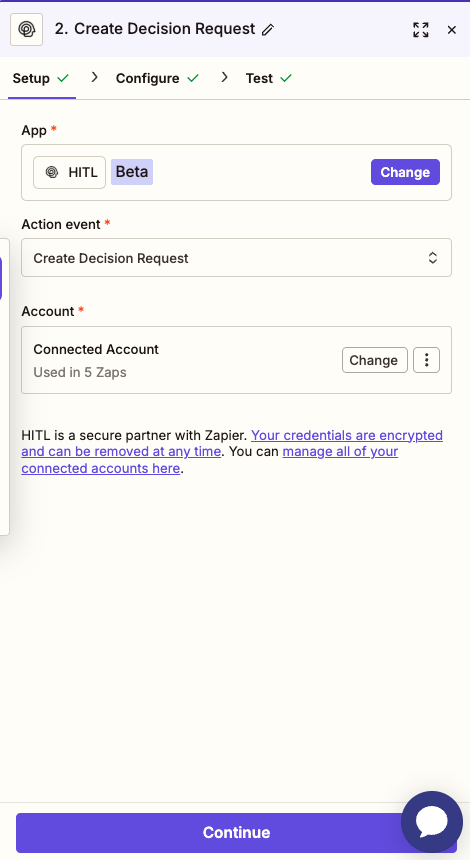 Create Request - Setup phase in Zapier