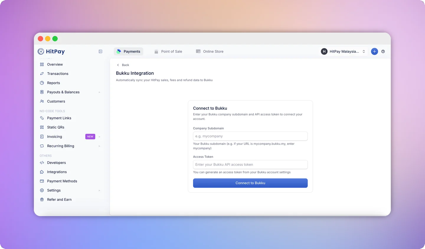 Connect to Bukku form showing Company Subdomain and Access Token fields