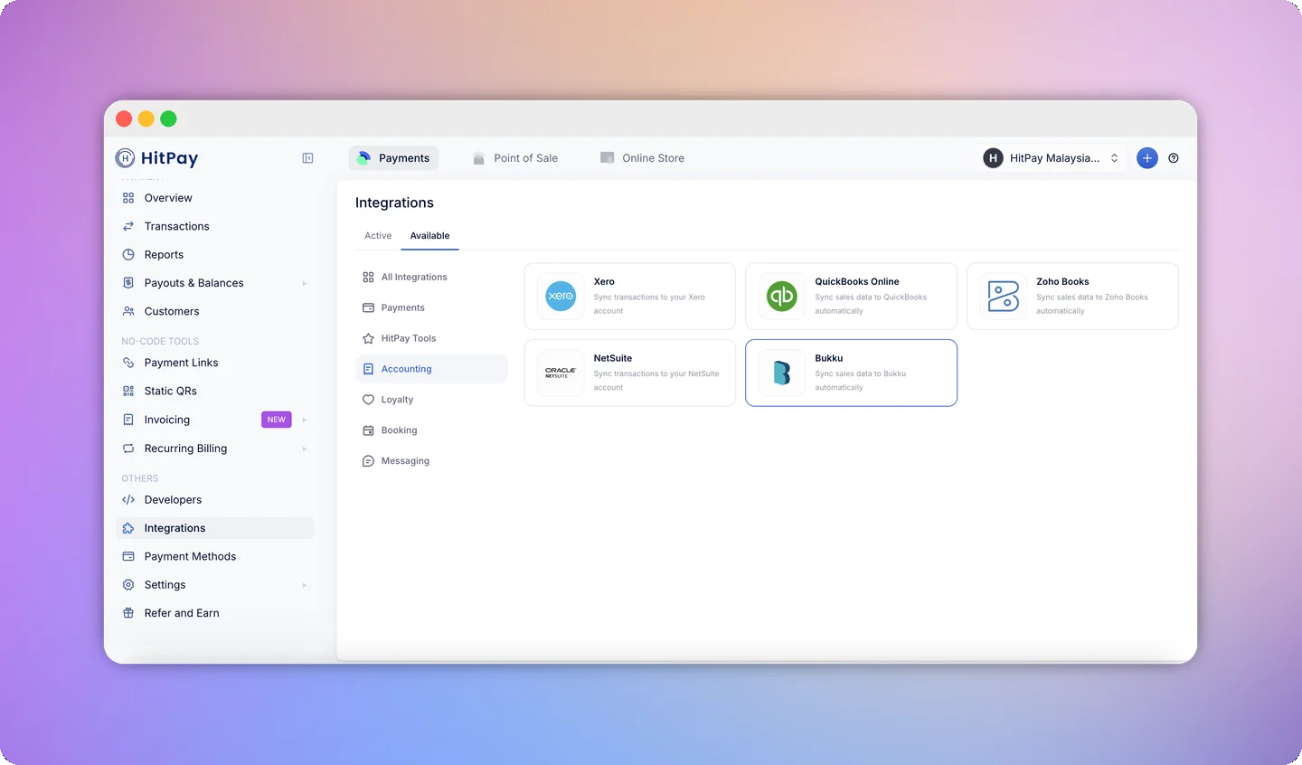 HitPay Integrations page showing the Accounting section with Bukku