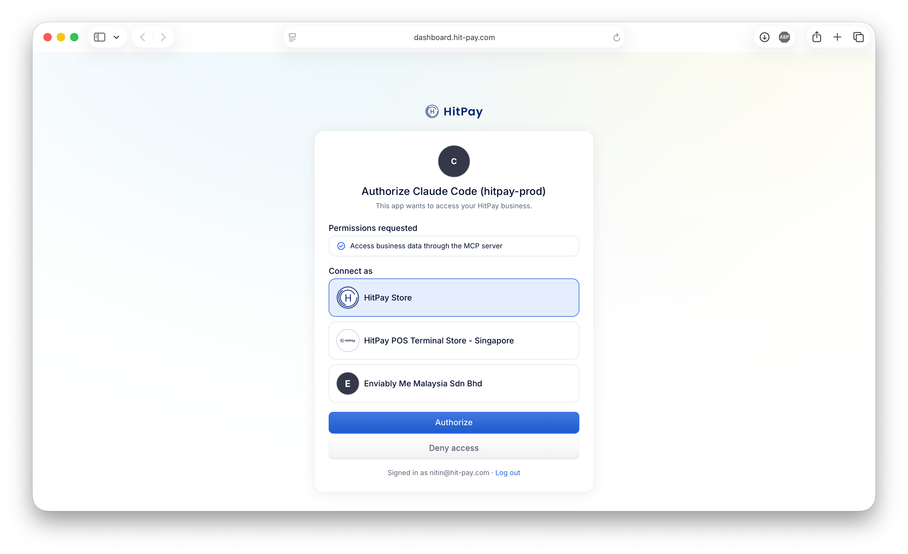 HitPay authorization screen showing the requested permission and the business picker