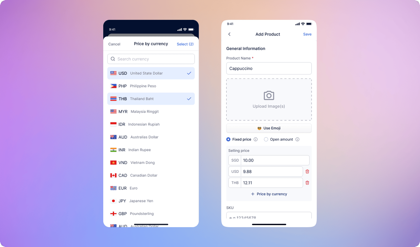 Multi-currency product pricing screens showing currency selection and price by currency setup on the HitPay mobile app