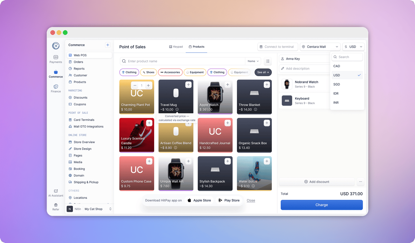 Web POS showing products with prices converted to the selected checkout currency