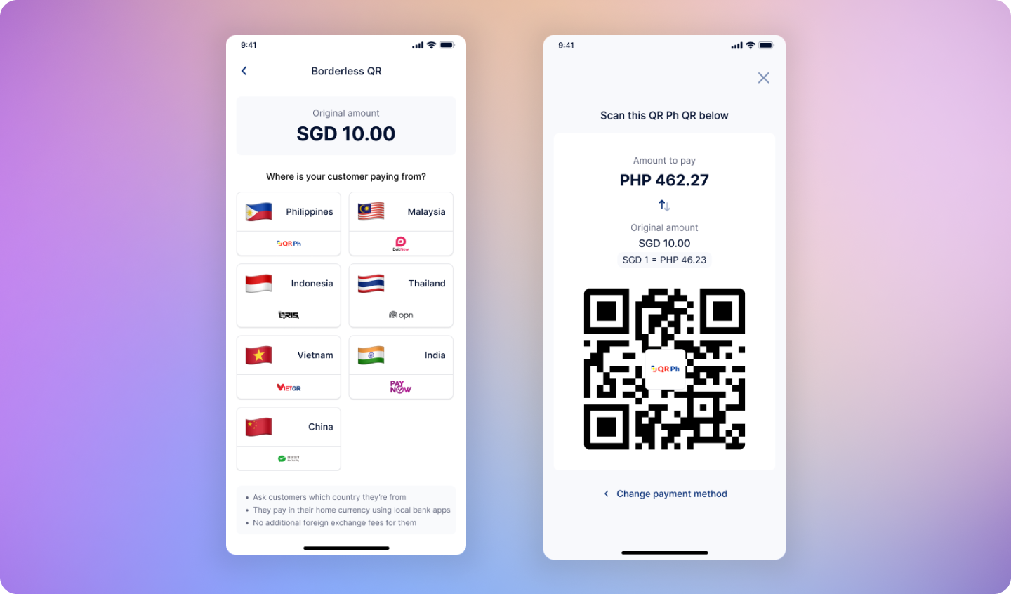 Physical store counter with an international customer paying using their phone