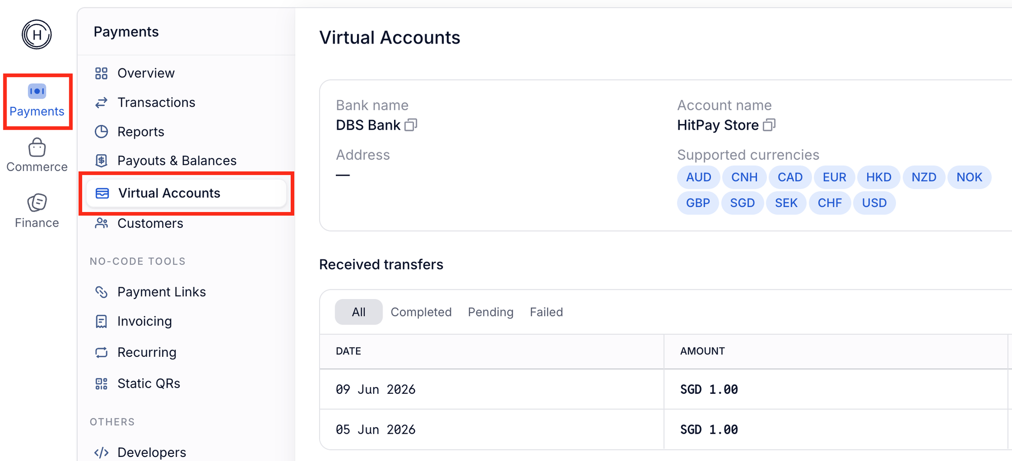 Virtual Accounts page in the HitPay Dashboard, showing bank name, account name, address, and supported currencies for a Singapore-registered SGD account, with a Received transfers log below