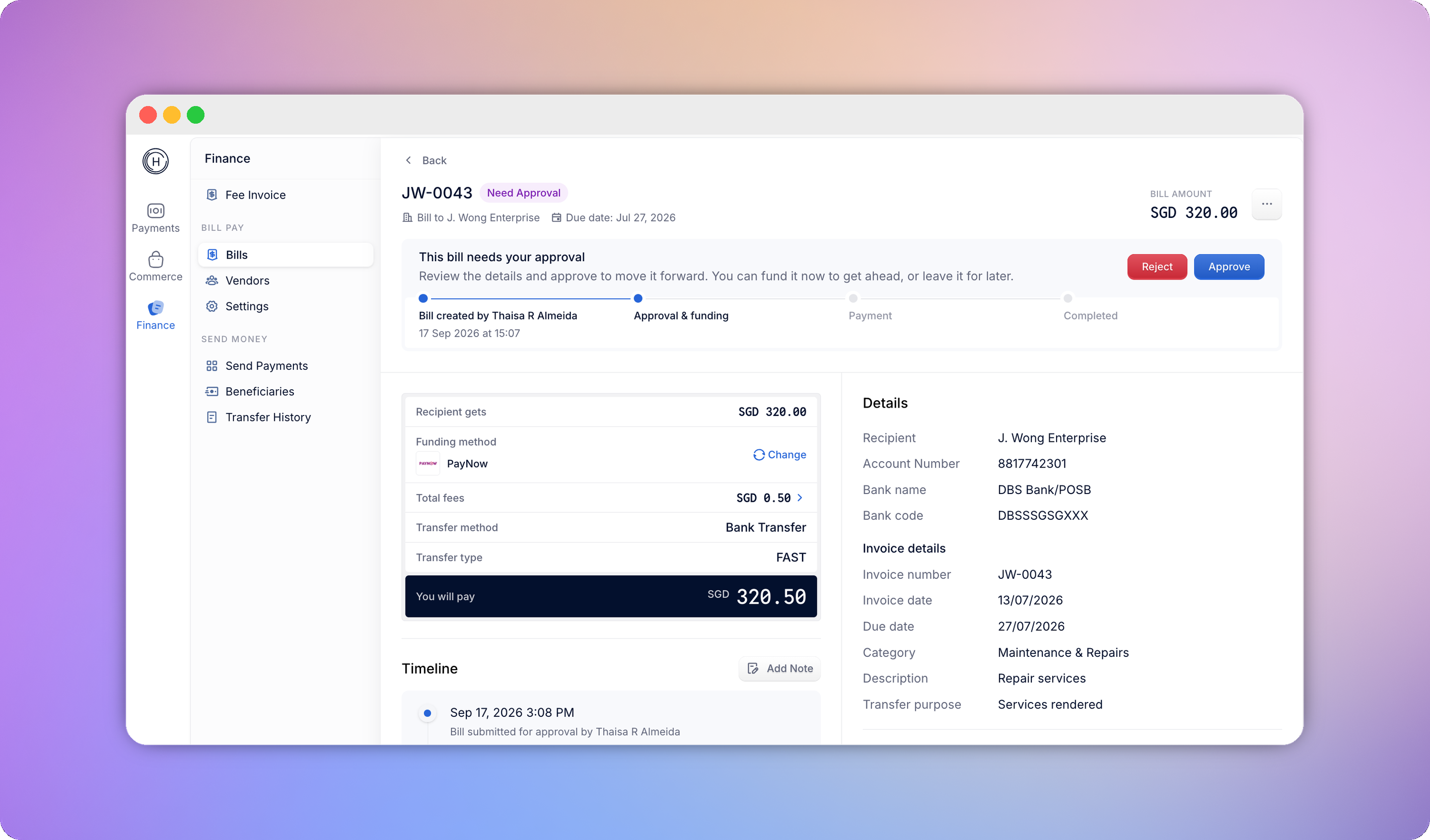 Approver view showing bills waiting for approval
