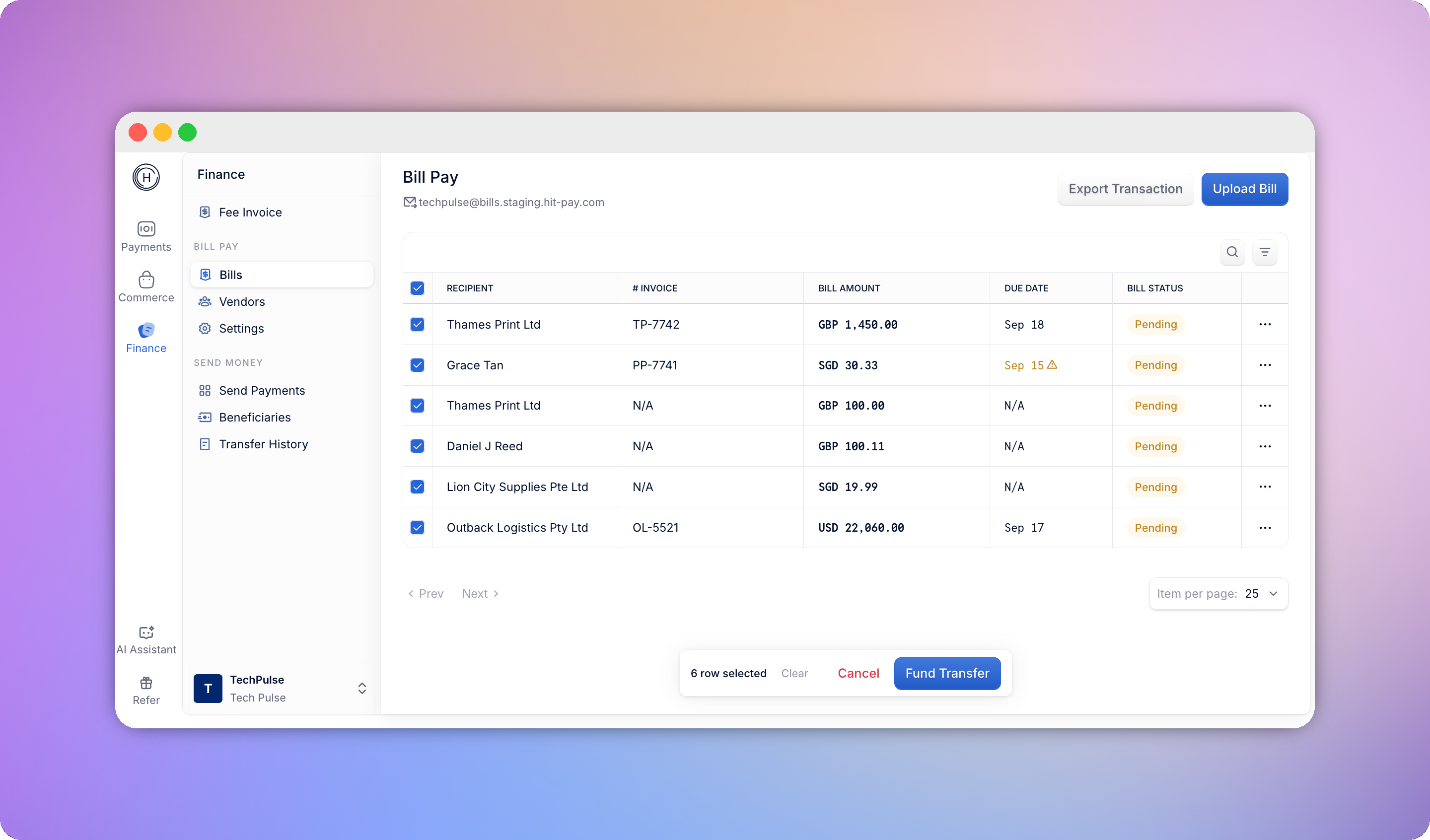 Bill Pay dashboard with multiple bills selected and the batch action bar