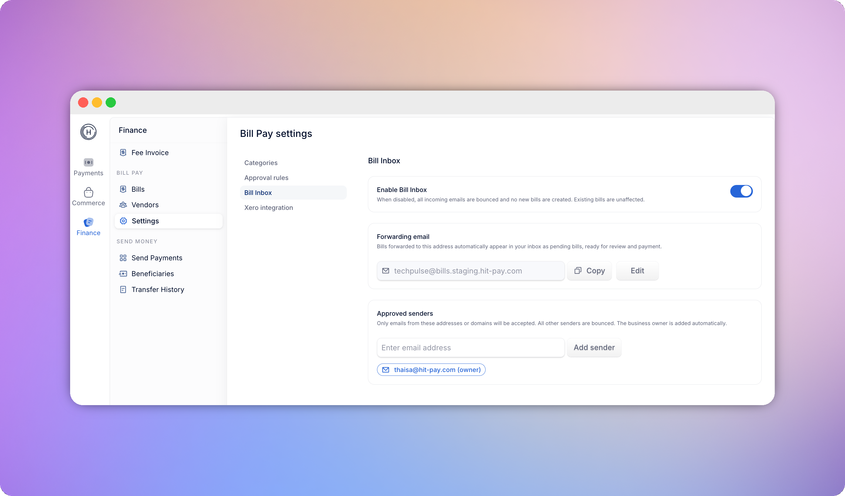 Bill Inbox settings showing the forwarding email address and Approved Senders list