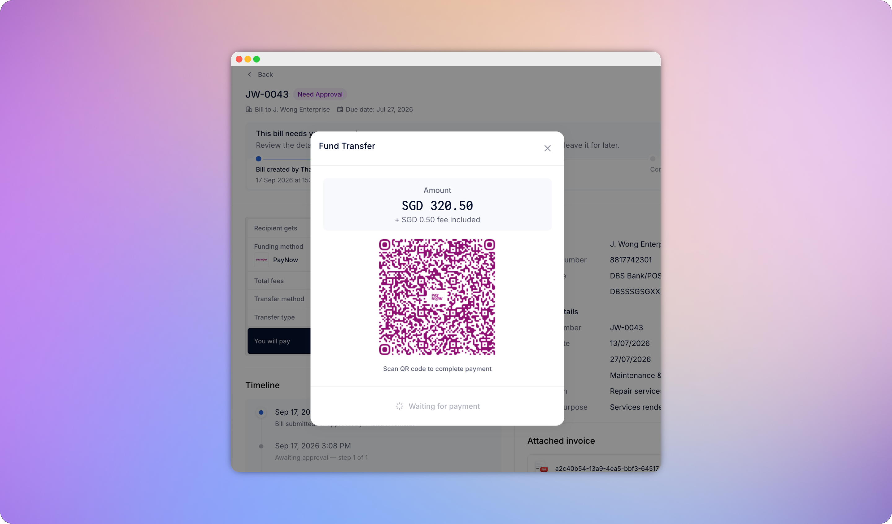 Make Payment screen with PayNow and Bank Transfer funding options