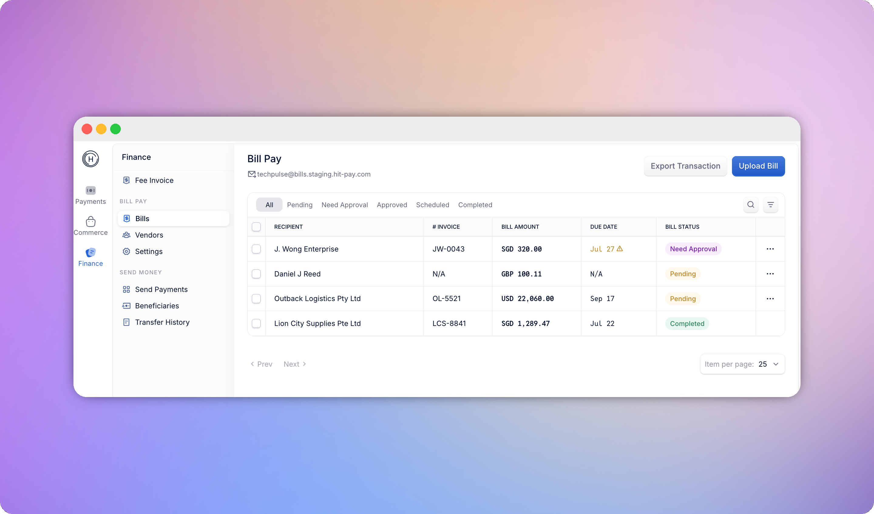 Bill Pay dashboard showing bills grouped by status