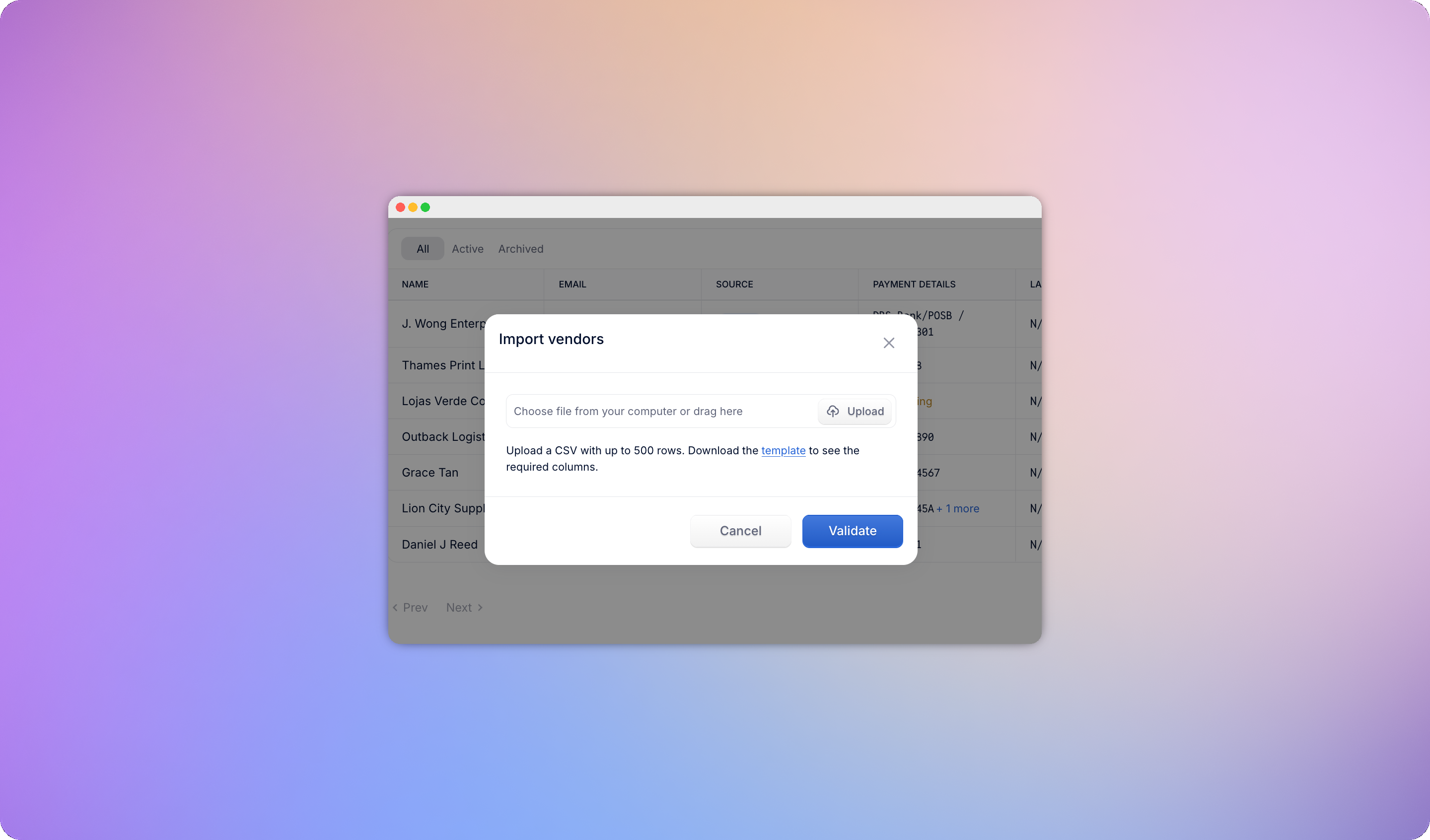 Bulk vendor import screen for uploading a CSV file