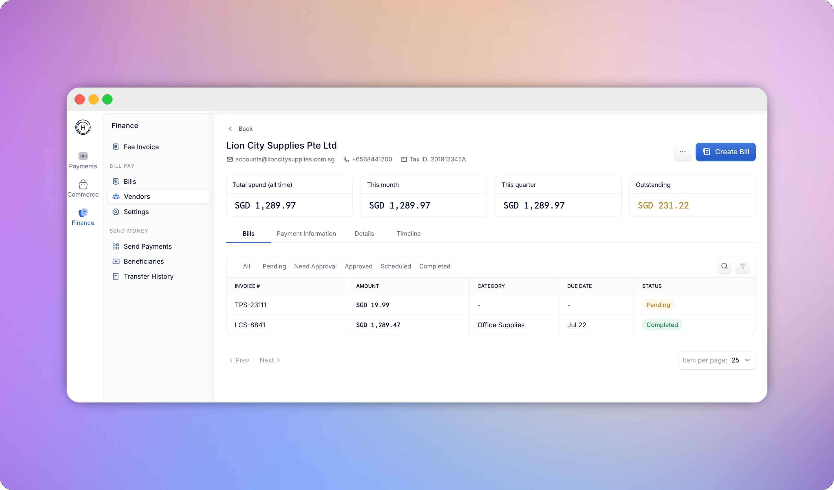 Vendor profile page showing summary cards and Bills, Payment Information, Details, and Timeline tabs