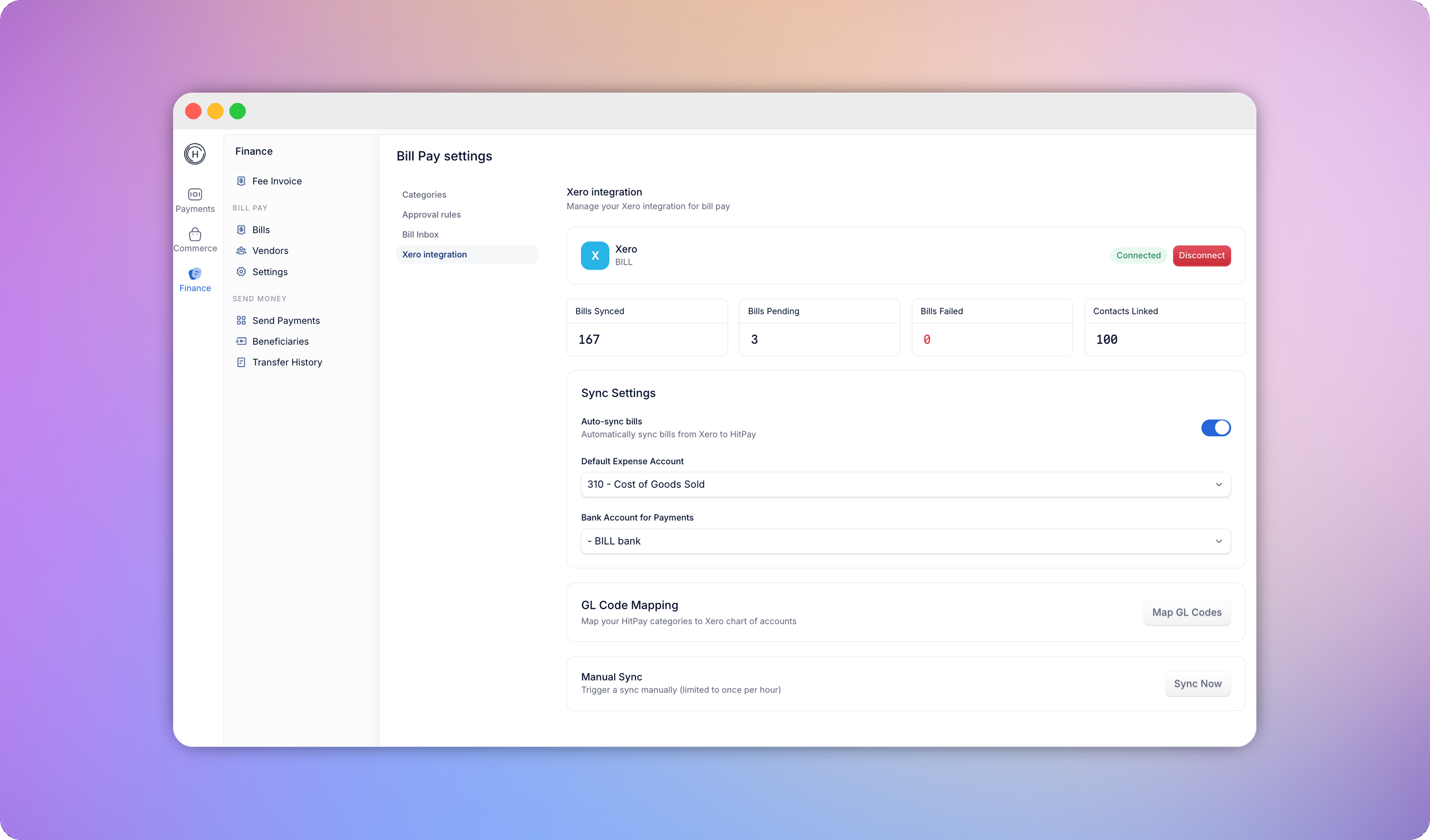 Xero settings after connecting, showing category to GL account mapping
