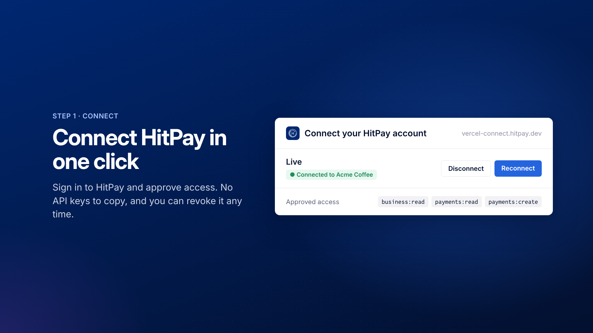 Connect your HitPay account card showing a live connection and the approved access scopes