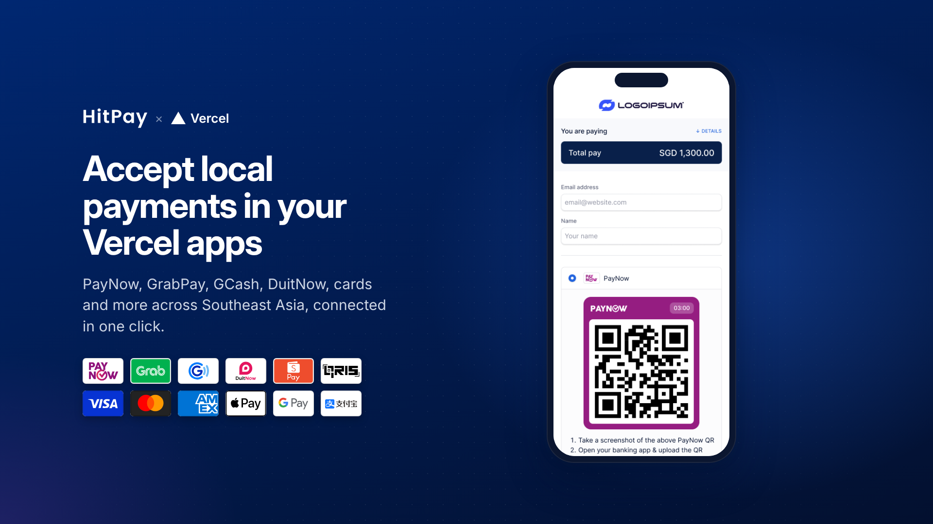 HitPay checkout with PayNow, GrabPay, GCash, DuitNow and card logos, shown next to the HitPay × Vercel lockup