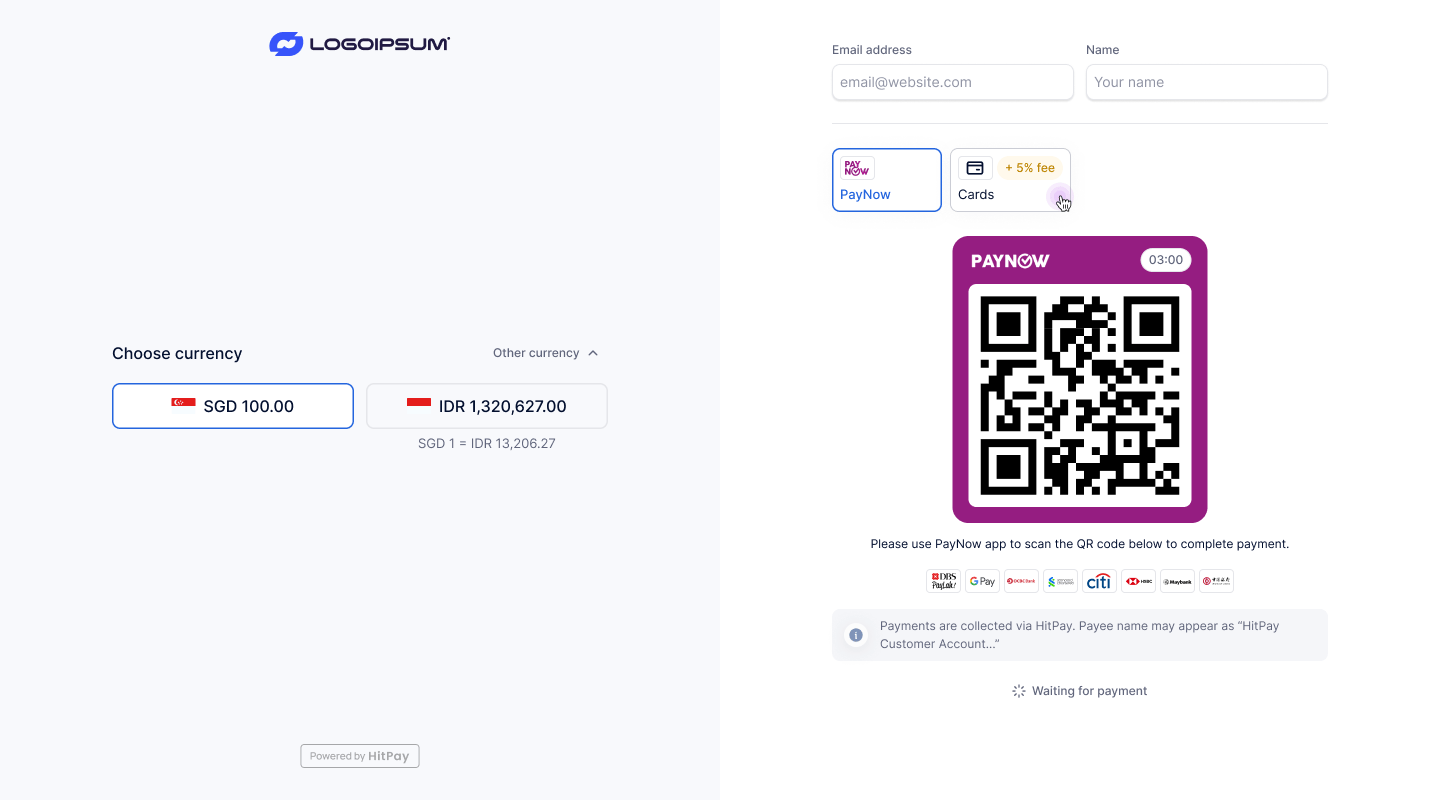 HitPay checkout showing currency selector with SGD and IDR options alongside PayNow QR payment