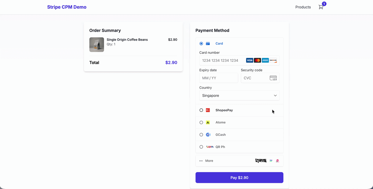 Stripe Custom Payment Methods checkout demo showing PayNow, ShopeePay, and Card payment options