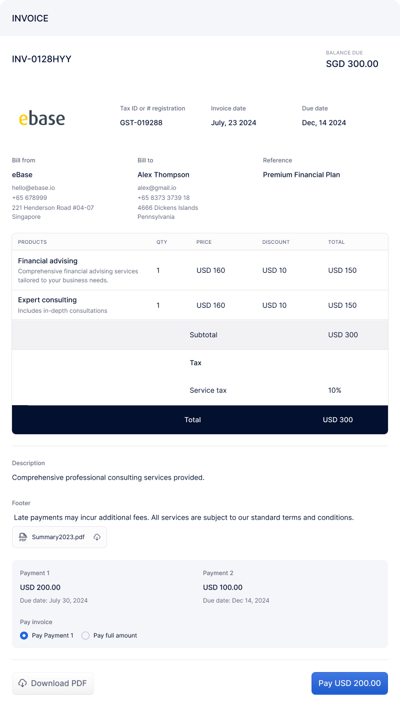 Customer Email Invoice Example