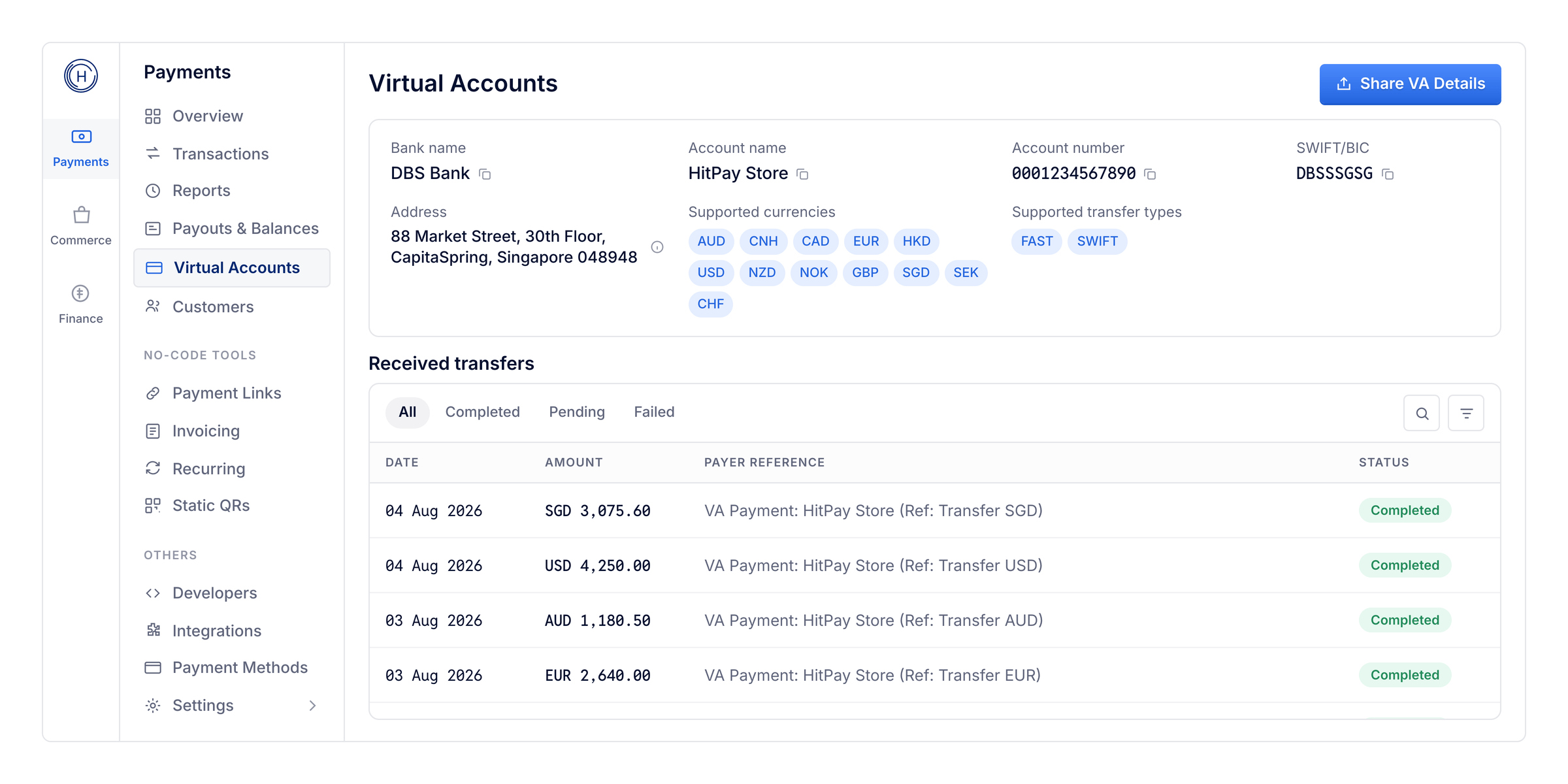 Virtual Accounts page in the HitPay Dashboard, showing bank name, account name, address, and supported currencies for a Singapore-registered SGD account, with a Received transfers log below