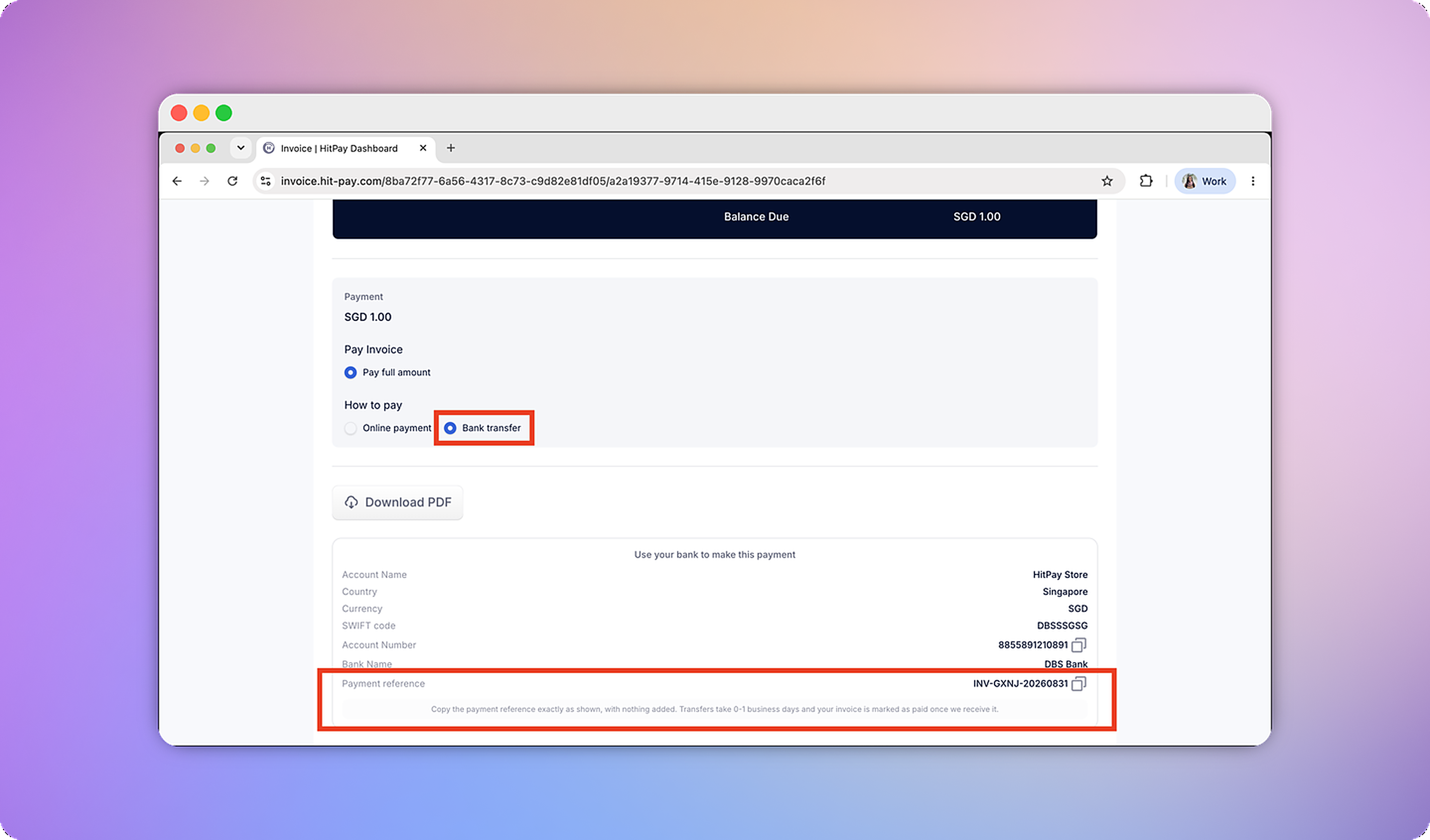 Customer-facing invoice payment page with Bank transfer selected, showing the Virtual Account bank details and a highlighted Payment reference field