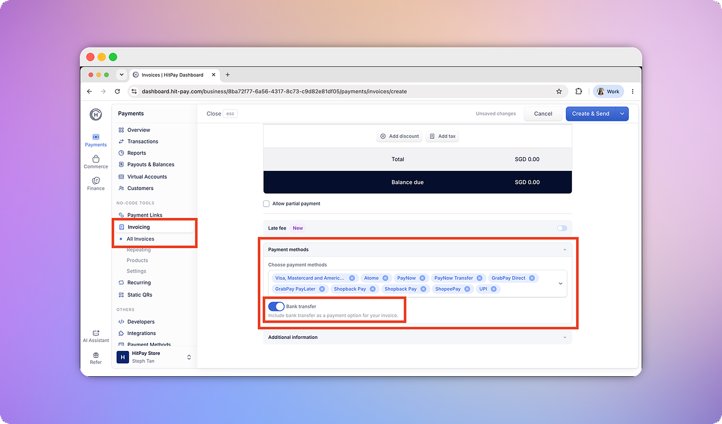 Invoice creation screen in the HitPay Dashboard with the Payment methods panel open and the Bank transfer toggle switched on