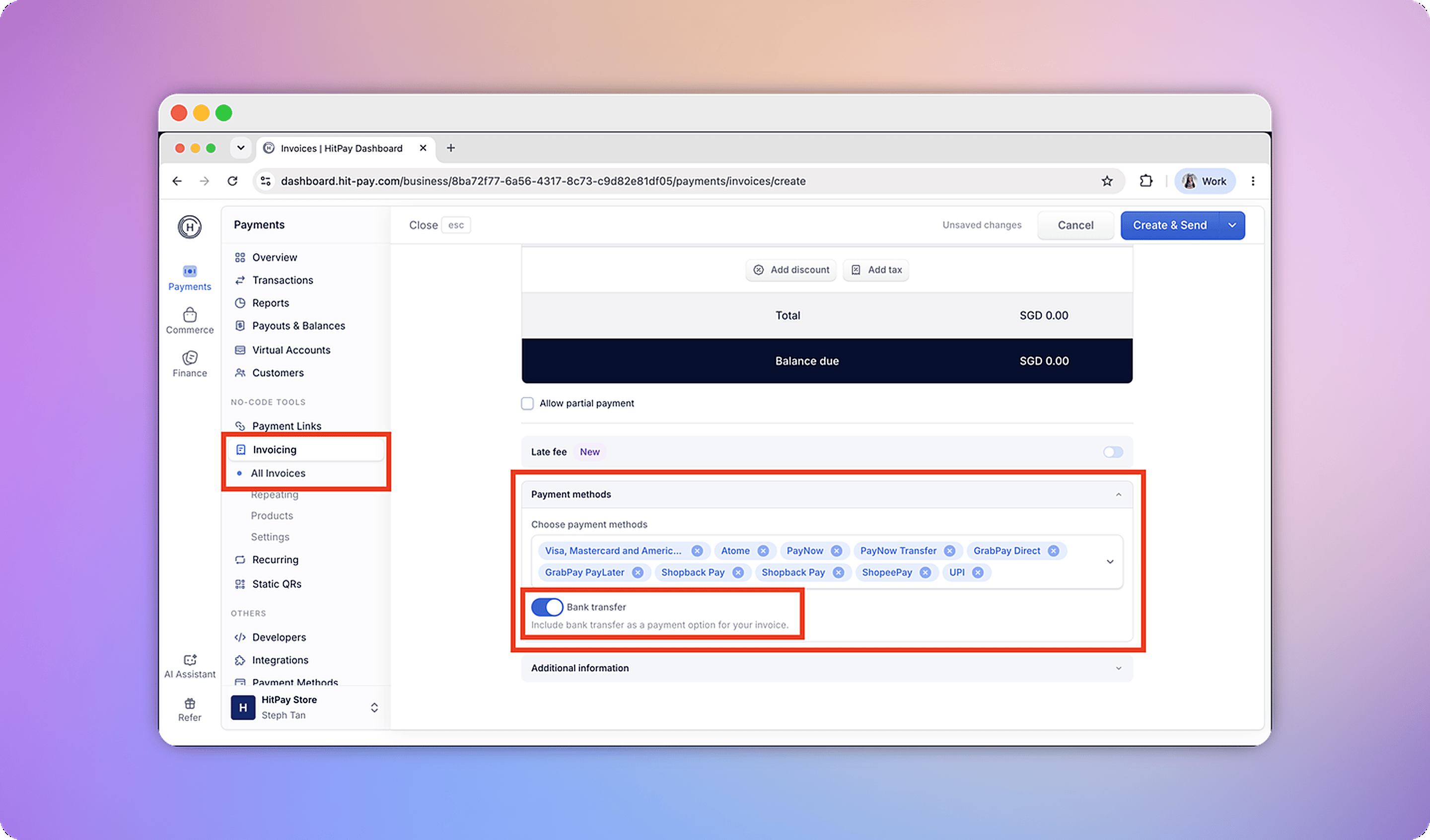 Invoice creation screen in the HitPay Dashboard with the Payment methods panel open and the Bank transfer toggle switched on