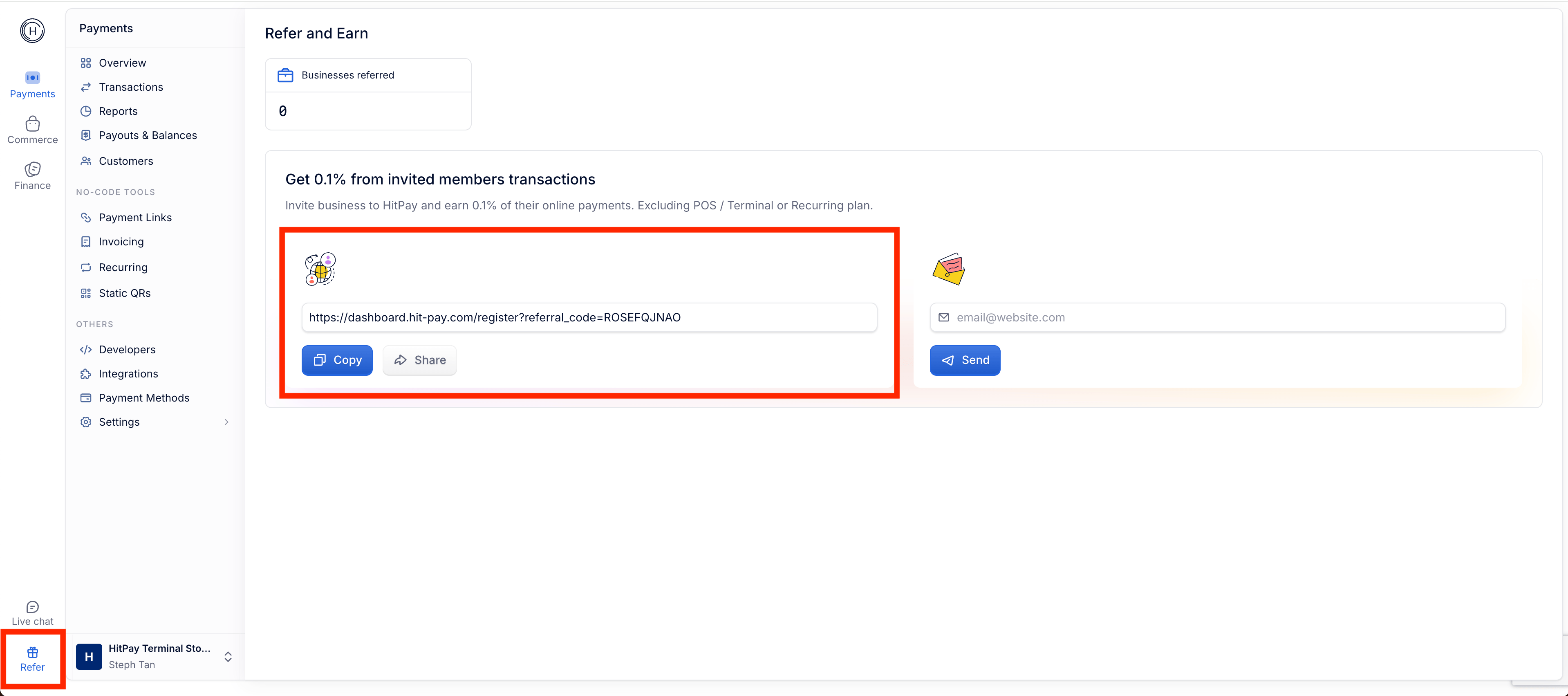HitPay Refer and Earn dashboard showing your unique referral link