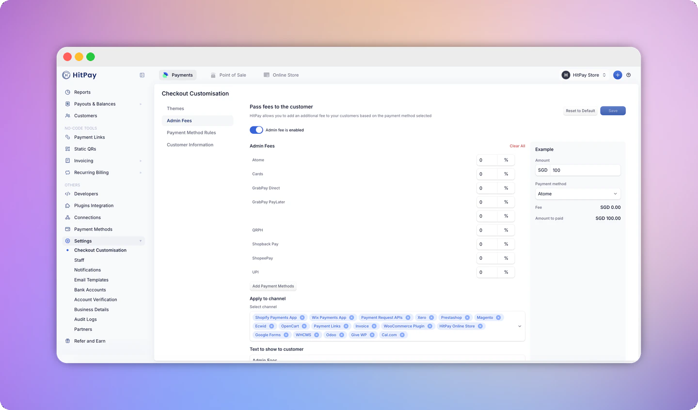 Admin Fees configuration in Checkout Customisation