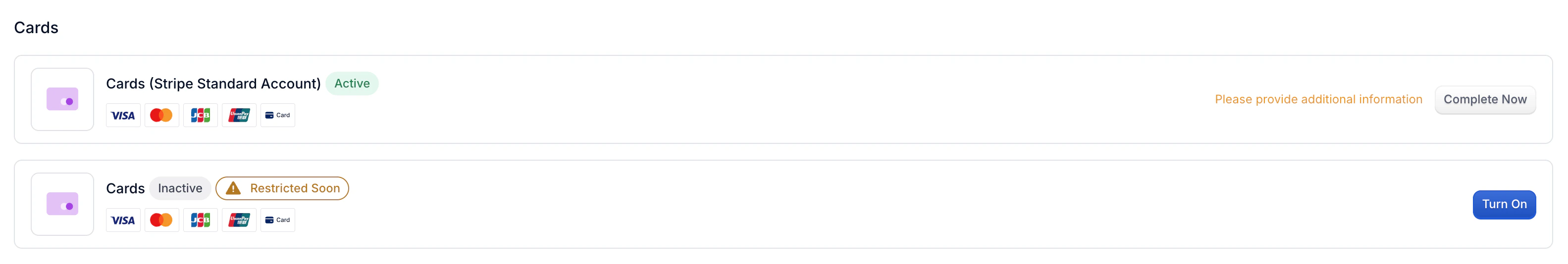 Payment Methods page showing Cards (Stripe Standard Account) as Active and legacy Cards as Inactive