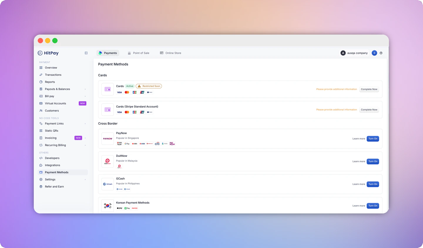 Payment Methods page showing Cards and Cards (Stripe Standard Account)