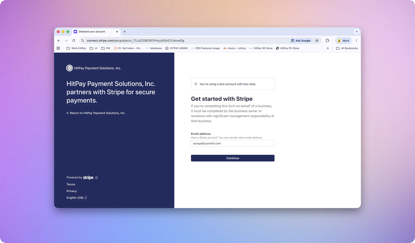 Stripe onboarding page showing Get started with Stripe