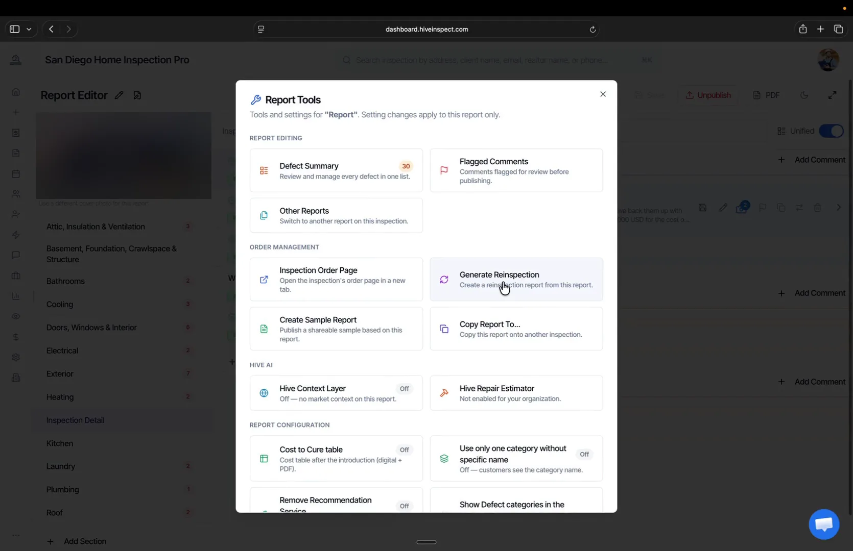 Report Tools with Generate Reinspection under Order Management