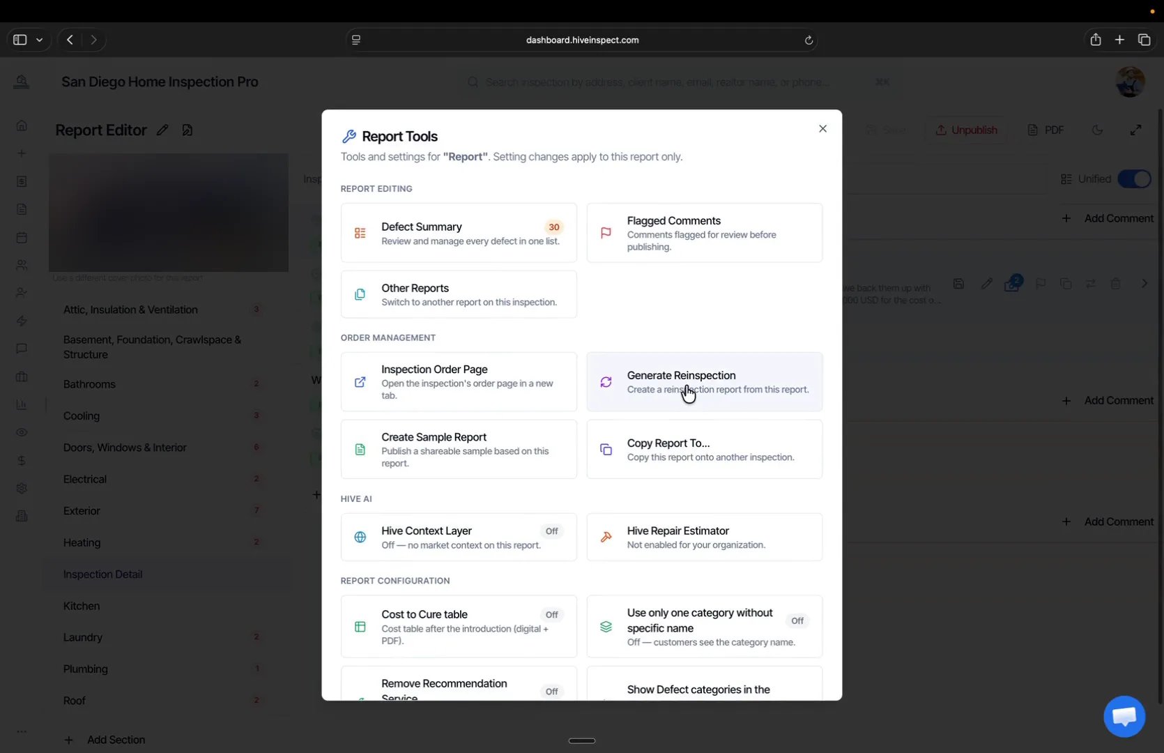 Report Tools with Generate Reinspection under Order Management