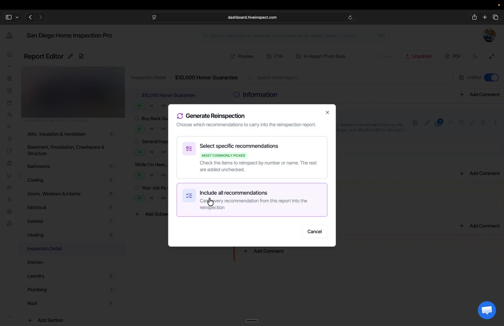 Generate Reinspection dialog with Select specific recommendations and Include all recommendations