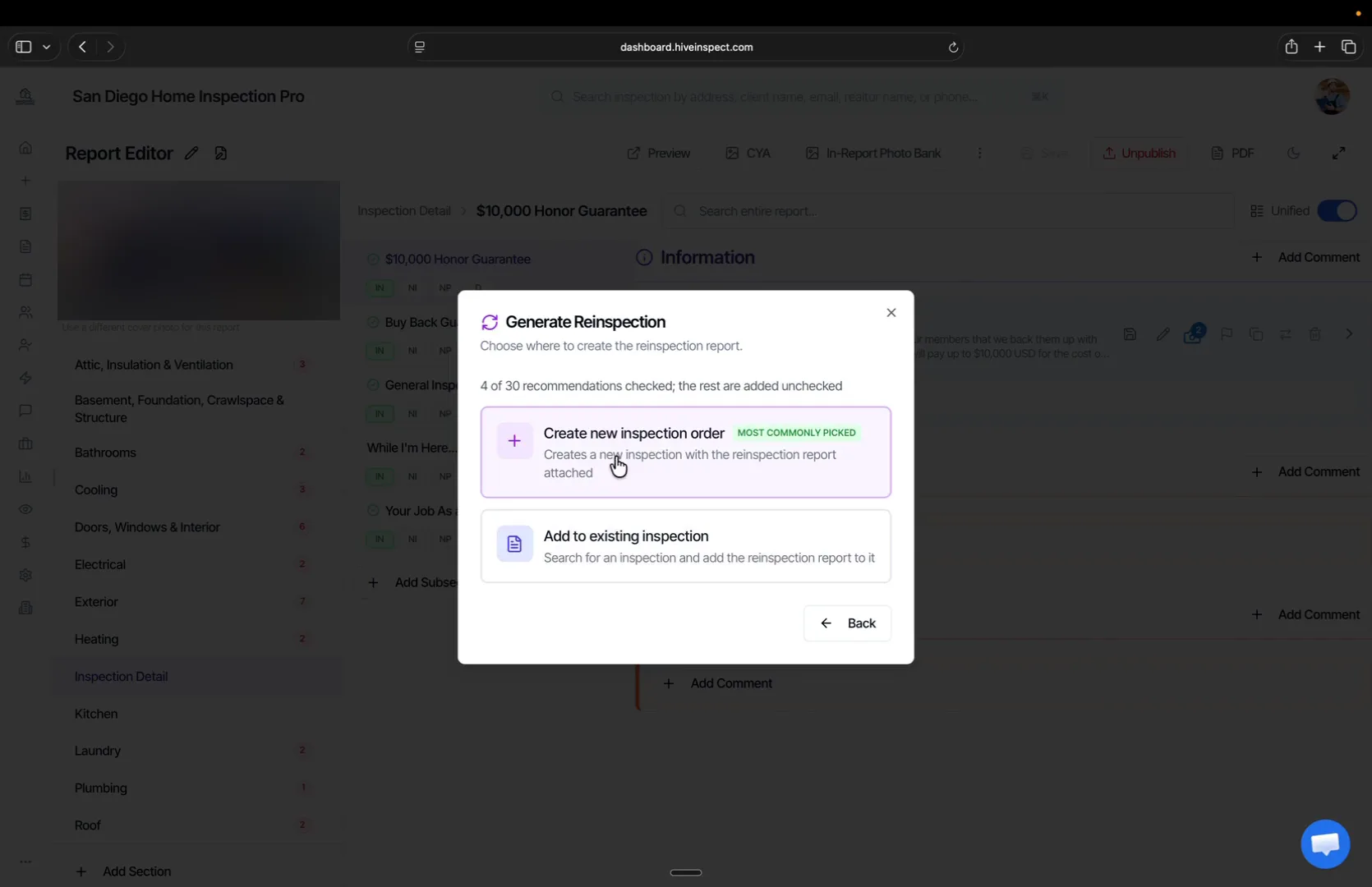 Create new inspection order or Add to existing inspection