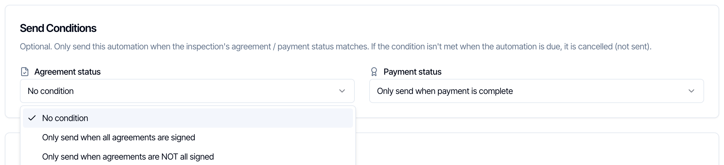 The Agreement status list open with No condition, Only send when all agreements are signed, and Only send when agreements are NOT all signed