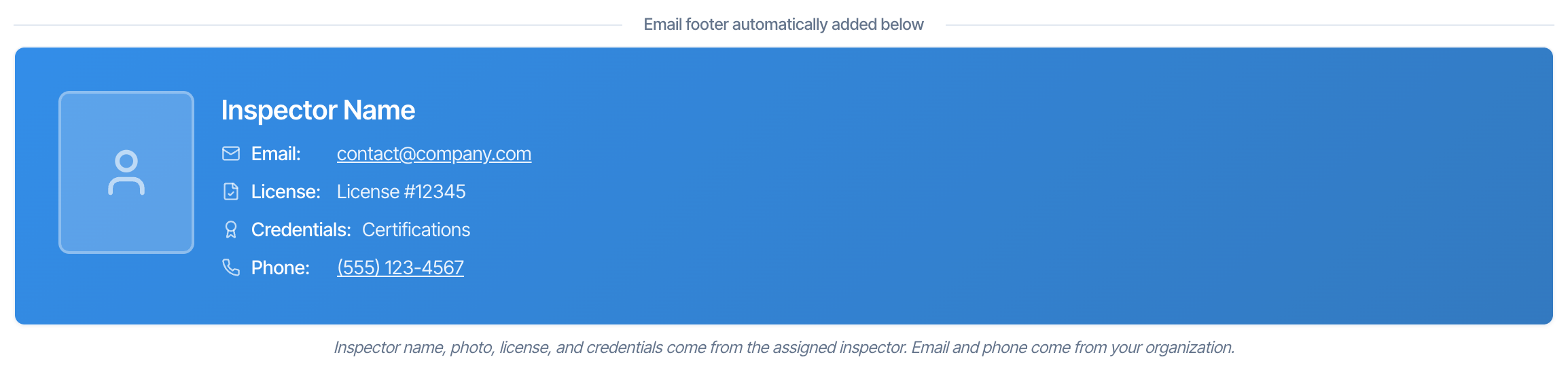 A preview labelled Email footer automatically added below: a blue card with a photo placeholder, Inspector Name, Email, License, Credentials and Phone, and the note Inspector name, photo, license, and credentials come from the assigned inspector. Email and phone come from your organization.