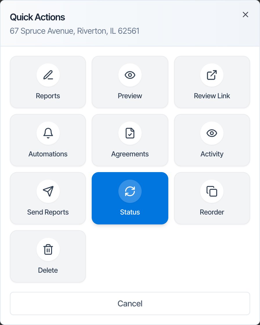 The Quick Actions window for 67 Spruce Avenue, Riverton, IL 62561, with tiles for Reports, Preview, Review Link, Automations, Agreements, Activity, Send Reports, Status (highlighted), Reorder and Delete, and a Cancel button