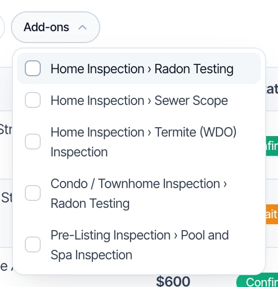 The Add-ons filter opened, listing each add-on after its service: Home Inspection › Radon Testing, Home Inspection › Sewer Scope, Home Inspection › Termite (WDO) Inspection, Condo / Townhome Inspection › Radon Testing and Pre-Listing Inspection › Pool and Spa Inspection