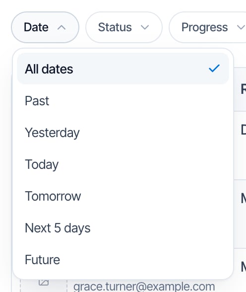 The Date filter opened, with the options All dates (ticked), Past, Yesterday, Today, Tomorrow, Next 5 days and Future