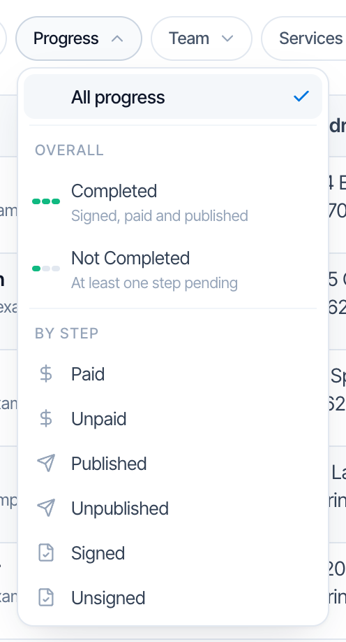 The Progress filter opened. All progress (ticked). Under OVERALL: Completed, Signed, paid and published, and Not Completed, At least one step pending. Under BY STEP: Paid, Unpaid, Published, Unpublished, Signed, Unsigned