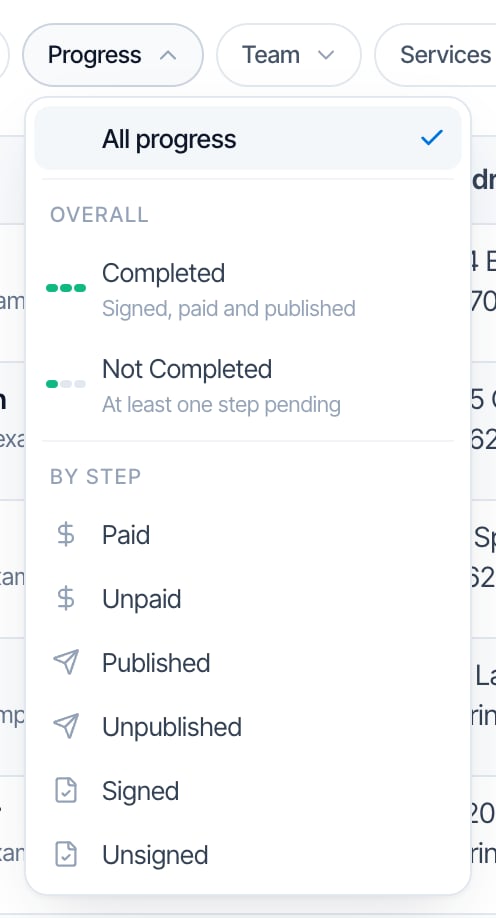 The Progress filter opened. All progress (ticked). Under OVERALL: Completed, Signed, paid and published, and Not Completed, At least one step pending. Under BY STEP: Paid, Unpaid, Published, Unpublished, Signed, Unsigned